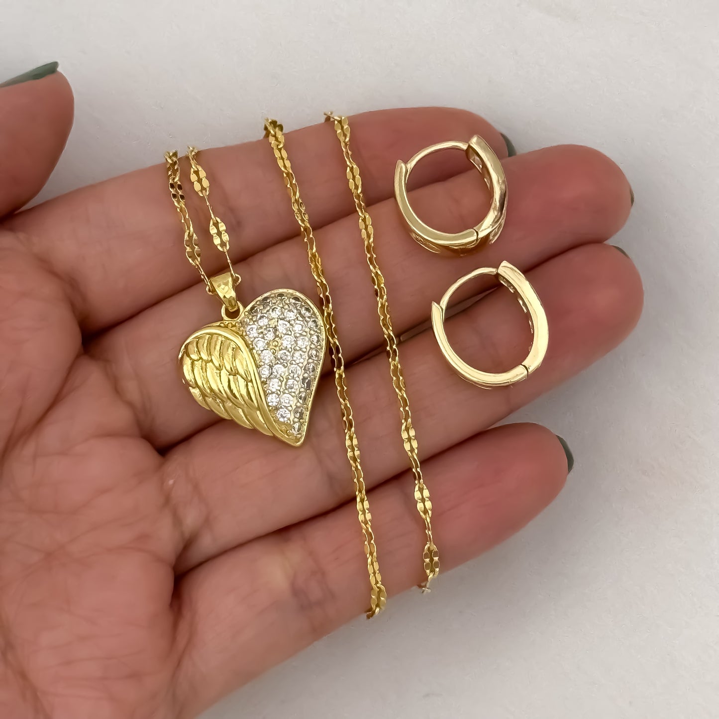 Cadena Tejido Crispeta + Corazon Micro circones + Canfonas con Micro Circones en Oro Laminado 18k con Garantía de por vida
