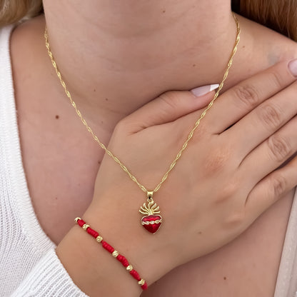 Cadena Tejido Singapur de Dama de 45cm + Corazon de Jesus + Pulsera de 7 Nudos en Balin de 4mm en Oro034052552626 Laminado 18k con Garantia de por vida