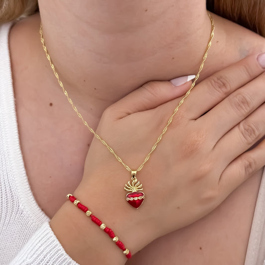 Cadena Tejido Singapur de Dama de 45cm + Corazon de Jesus + Pulsera de 7 Nudos en Balin de 4mm en Oro034052552626 Laminado 18k con Garantia de por vida