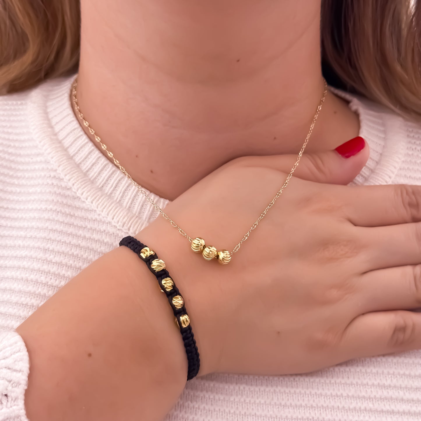 Cadena Tejido Crispeta de 45cm de 2mm + Balines Diamantado de 6mm + Pulsera Tejida Balin Italiano de 6mm en Oro Laminado 18k con Garantia de por vida