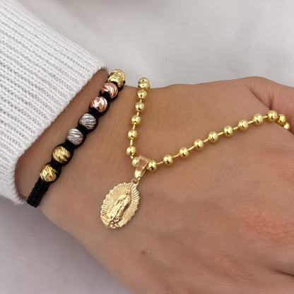 Conjunto de Cadena Tejido Militar de Dama de 45cm + Virgen de Guadalupe + Pulseras Balin italiano de Oros  en Oro Laminado 18k con Garantía de por vida