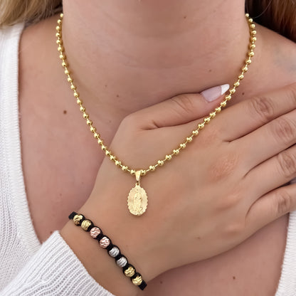 Conjunto de Cadena Tejido Militar de Dama de 45cm + Virgen de Guadalupe + Pulseras Balin italiano de Oros  en Oro Laminado 18k con Garantía de por vida