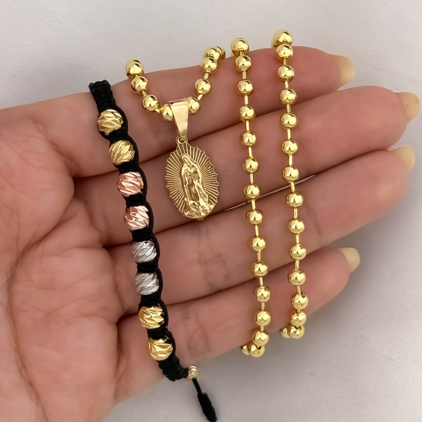 Conjunto de Cadena Tejido Militar de Dama de 45cm + Virgen de Guadalupe + Pulseras Balin italiano de Oros  en Oro Laminado 18k con Garantía de por vida
