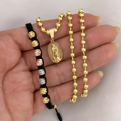Conjunto de Cadena Tejido Militar de Dama de 45cm + Virgen de Guadalupe + Pulseras Balin italiano de Oros  en Oro Laminado 18k con Garantía de por vida