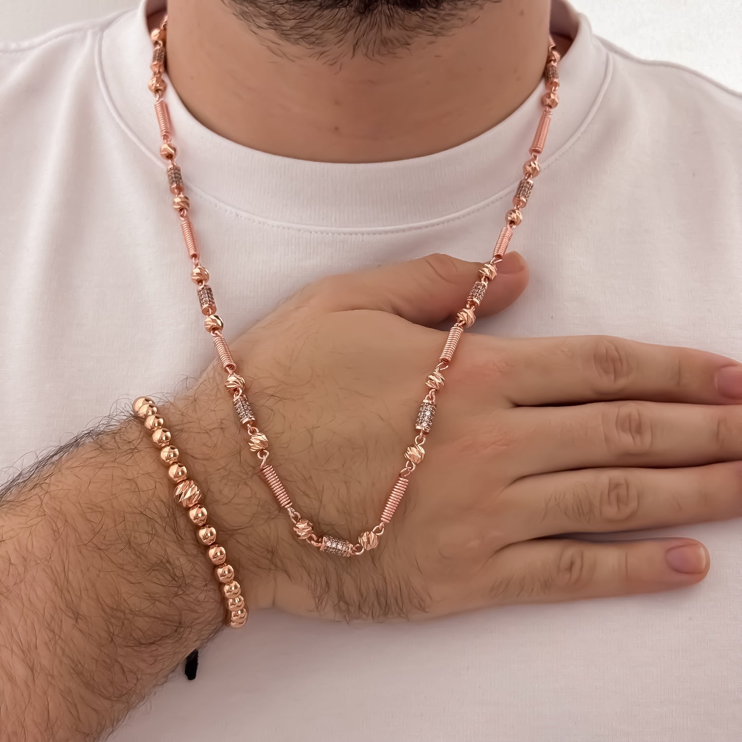 Cadena Rustica Diamantada en Oro Rosa  de 60cm de 5mm + Pulseras Full Balines Rosa  de 4mm en Oro Laminado 18k con Garantia de por vida