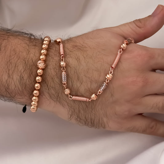 Cadena Rustica Diamantada en Oro Rosa  de 60cm de 5mm + Pulseras Full Balines Rosa  de 4mm en Oro Laminado 18k con Garantia de por vida