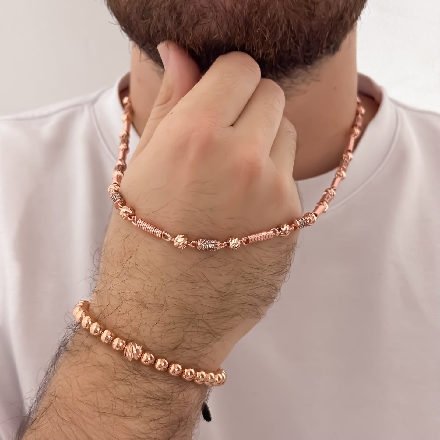 Cadena Rustica Diamantada en Oro Rosa  de 60cm de 5mm + Pulseras Full Balines Rosa  de 4mm en Oro Laminado 18k con Garantia de por vida