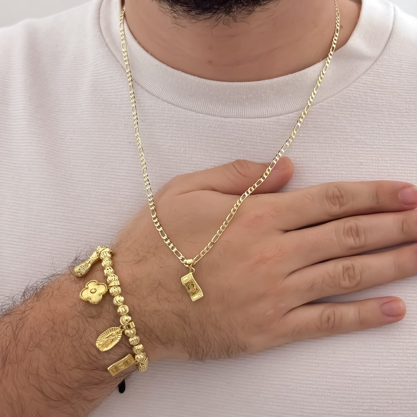 Cadena Tejido Catier de hombre de 60cm de 3mm de grosor + Dije de Dolar  + Pulsera de Abundancia y Prosperidad en Oro Laminado 18k con Garantia de por vida