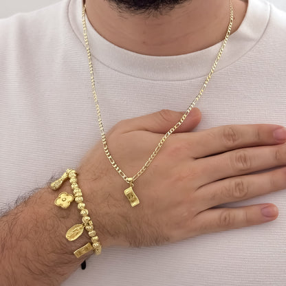 Cadena Tejido Catier de hombre de 60cm de 3mm de grosor + Dije de Dolar  + Pulsera de Abundancia y Prosperidad en Oro Laminado 18k con Garantia de por vida