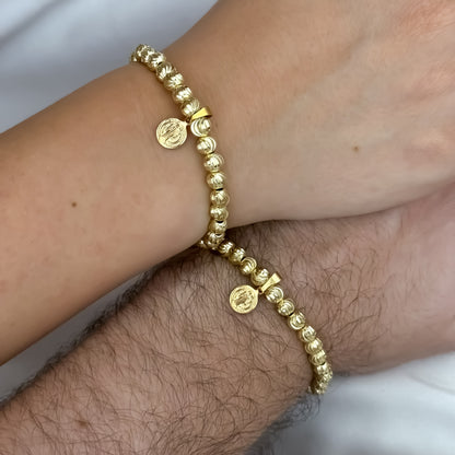 2 Pulseras para Parejas en Balin Italiano de 6mm con Dije de San Benito Proteccion en  Oro Laminado 18k con Garantia de por vida