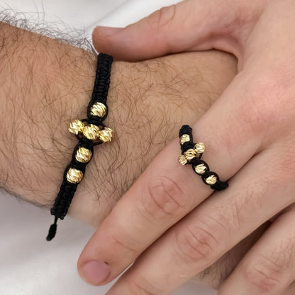Pulseras Tejidas en Balin de 4mm italiano + Anillo Tejido con silueta de Cruz Proteccion en Oro Laminado 18k con Garantía de por vida
