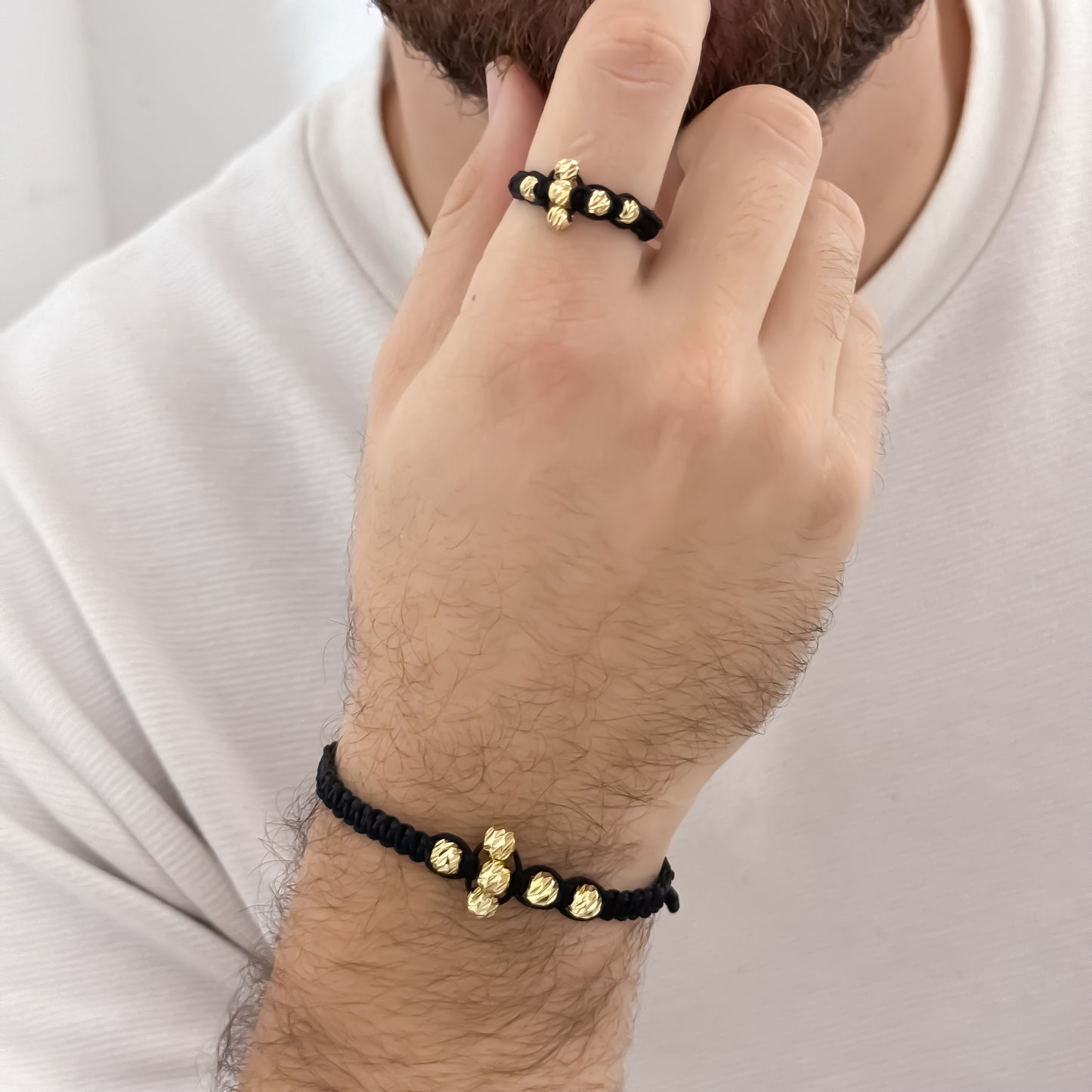 Pulseras Tejidas en Balin de 4mm italiano + Anillo Tejido con silueta de Cruz Proteccion en Oro Laminado 18k con Garantía de por vida