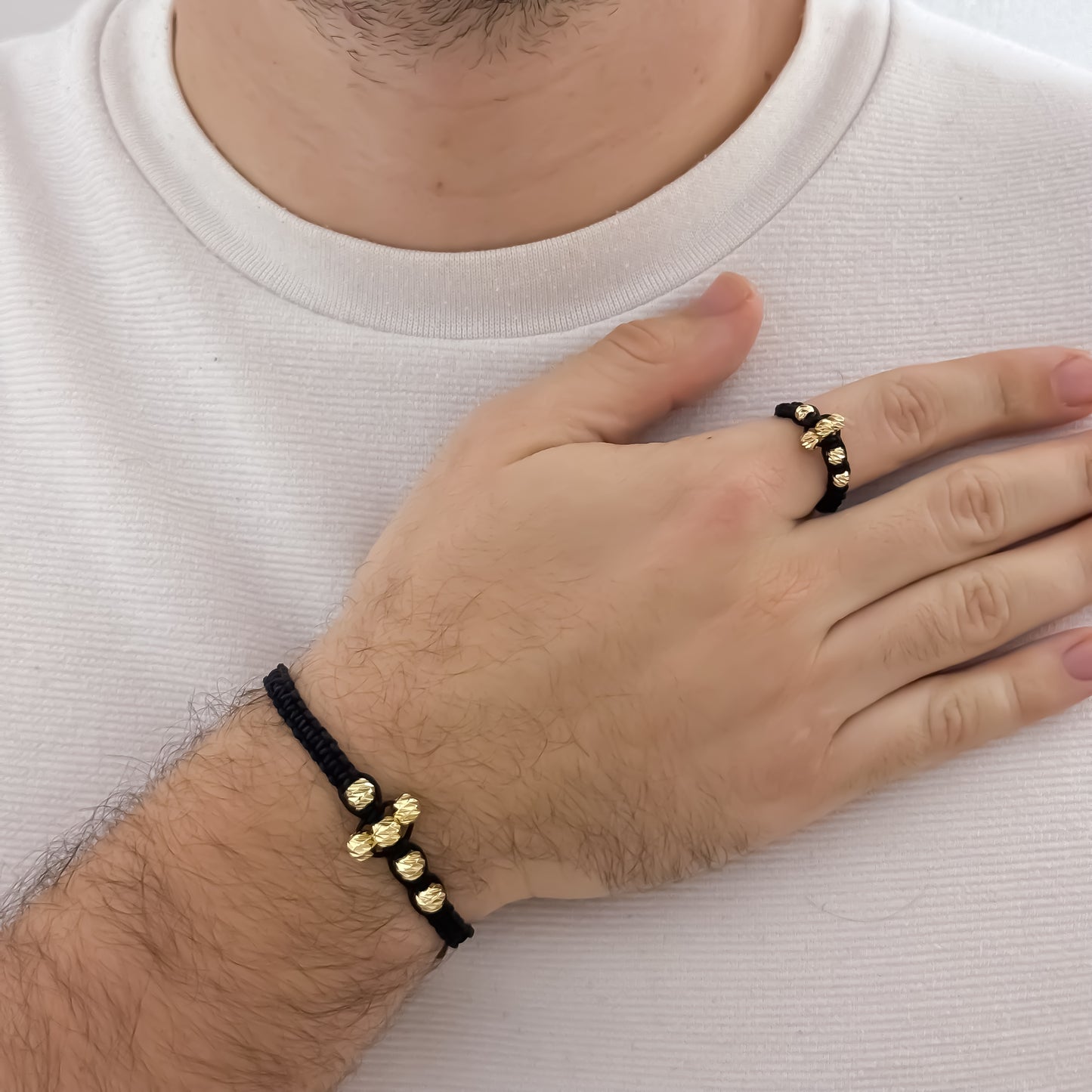 Pulseras Tejidas en Balin de 4mm italiano + Anillo Tejido con silueta de Cruz Proteccion en Oro Laminado 18k con Garantía de por vida