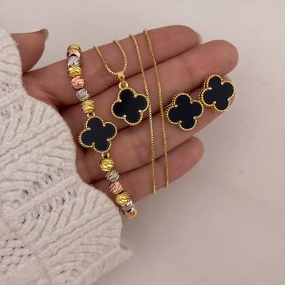 Conjunto Van Cleef Negro  Cadena Veneciano 45cm de 2mm + Van Cleef + Topo Van Cleef + Pulseras de 3 Oros Van Cleef en Oro Laminado 18k con Garantia de por vida