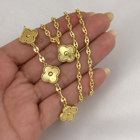 Cadena Tejido Gucci de Dama de 45cm de 3mm de Grosor + Dije de Van Cleef color Oro  + Pulseras Gucci con  Herraje  Van Cleef  en Oro Laminado 18k con Garantía de por vida