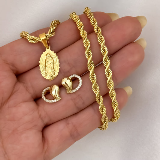 Cadena Tejido Lazo Siciliano de 60cm de 3mm de Grosor + Virgen de Guadalupe Tallada  + Topo Balin con Micro circones en Oro Laminado 18k