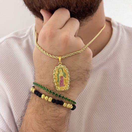 Cadena Tejido Lazo de Hombre de 60cm de 3mm + Virgen de Guadalupe tallada Micro circones + Pulsera Tennis Verde + Pulsera Balin Italiano de 6mm en Oro Laminado 18k con Garantía de por vida