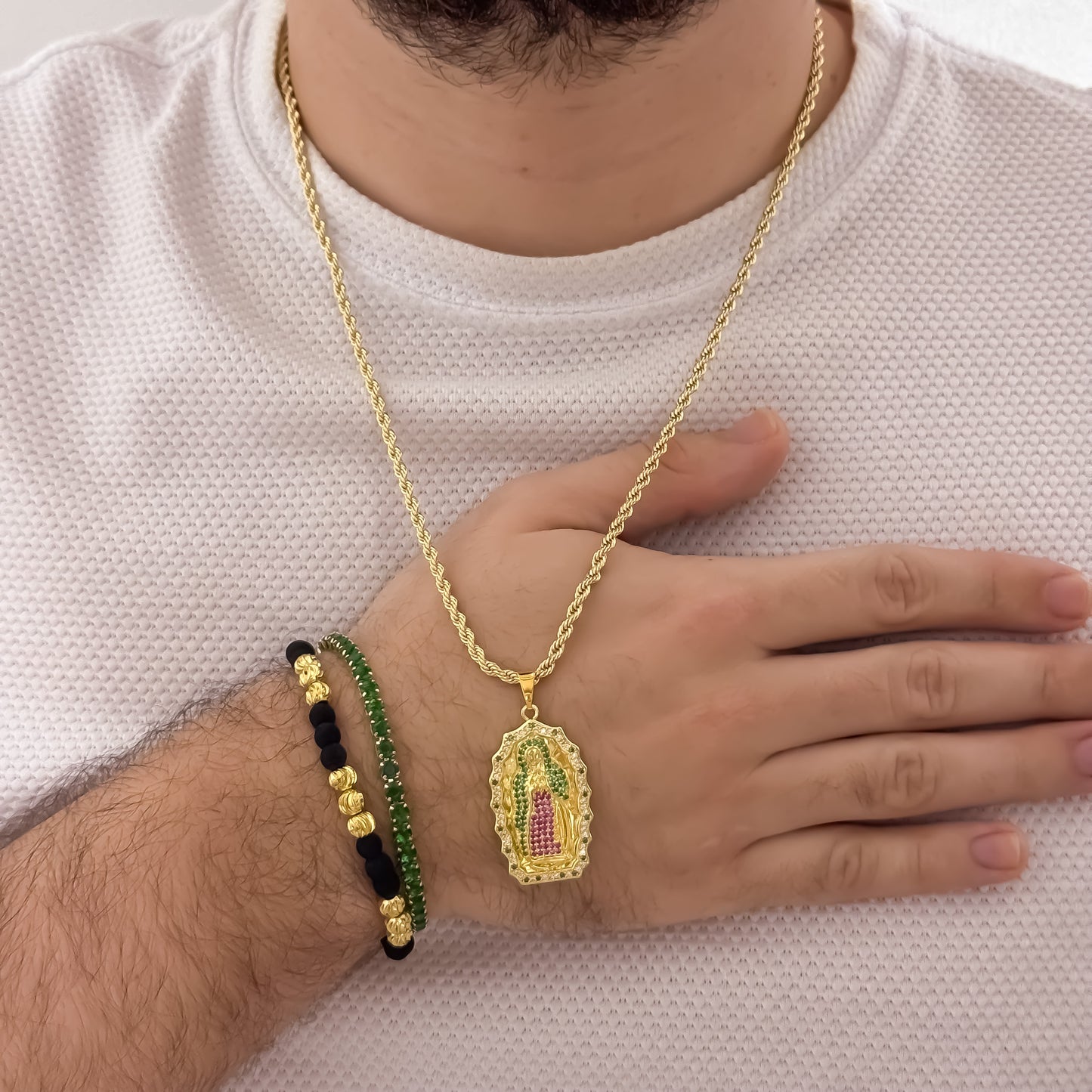 Cadena Tejido Lazo de Hombre de 60cm de 3mm + Virgen de Guadalupe tallada Micro circones + Pulsera Tennis Verde + Pulsera Balin Italiano de 6mm en Oro Laminado 18k con Garantía de por vida