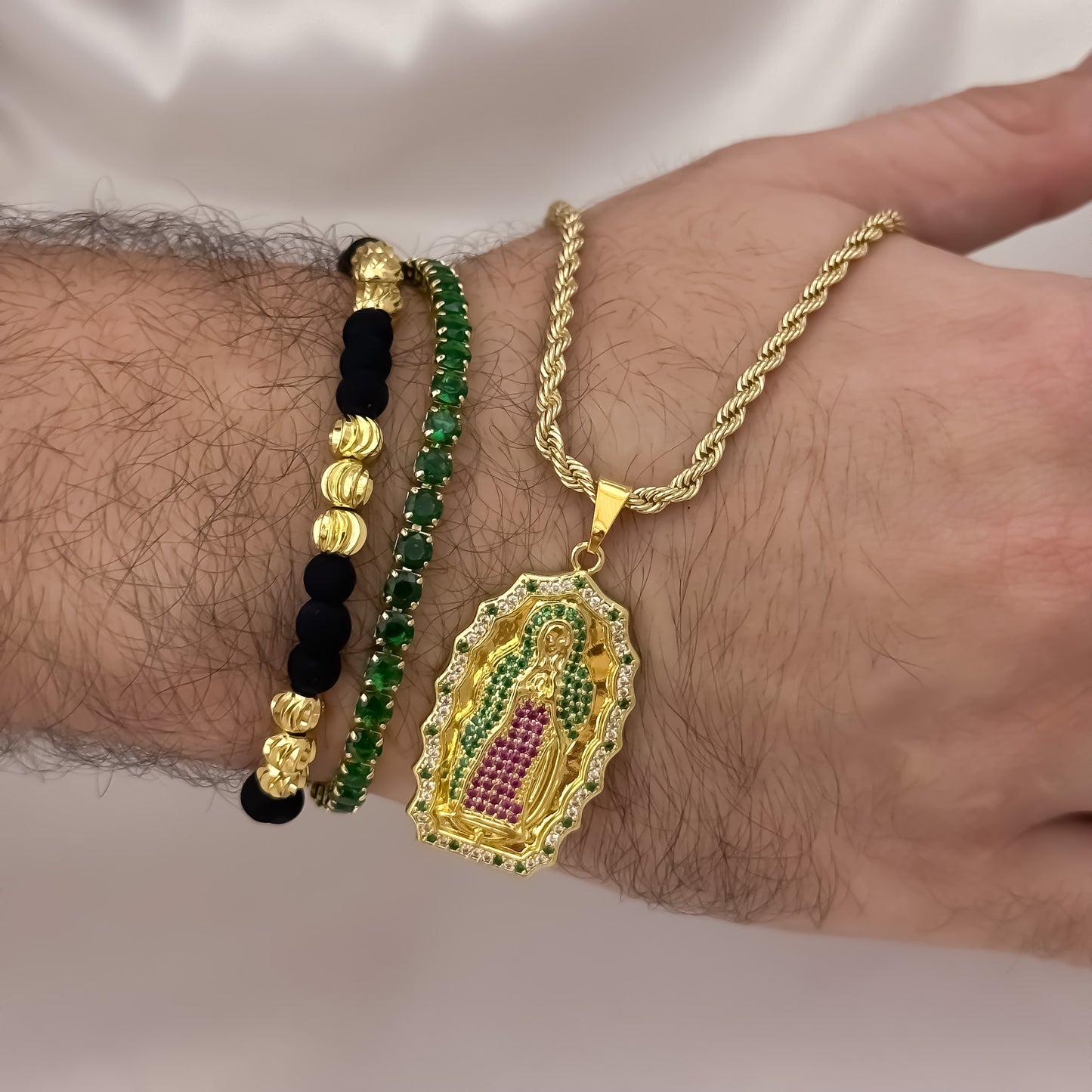 Cadena Tejido Lazo de Hombre de 60cm de 3mm + Virgen de Guadalupe tallada Micro circones + Pulsera Tennis Verde + Pulsera Balin Italiano de 6mm en Oro Laminado 18k con Garantía de por vida