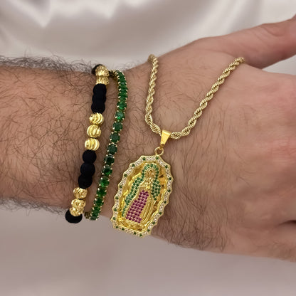 Cadena Tejido Lazo de Hombre de 60cm de 3mm + Virgen de Guadalupe tallada Micro circones + Pulsera Tennis Verde + Pulsera Balin Italiano de 6mm en Oro Laminado 18k con Garantía de por vida