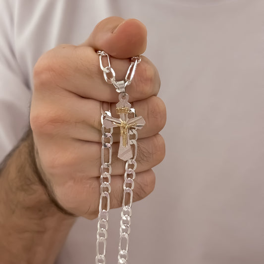 Cadena Tejido Cartier 60cm de 5mm + Cruz Cristo Madero en Plata 925 con Garania de por vida