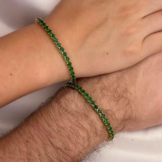 Promoción de 2  Esclavas para Parejas Tejido Tennis Verde Esmeralda de 20cm de 18cm y 3mm de Grosor en Oro Laminado 18k con Garantia de por vida