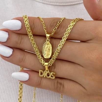 Cadena Tejido Chino de Dama de 45cm + Dije de Dios  Proteccion + Cadena Catier de Dama de 40cm + Virgen de Guadalupe Tallada en Oro Laminado 18k con Garantia de por vida