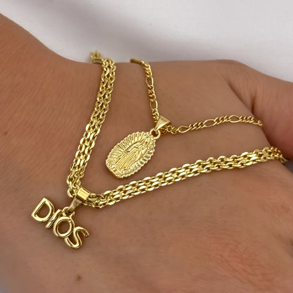 Cadena Tejido Chino de Dama de 45cm + Dije de Dios  Proteccion + Cadena Catier de Dama de 40cm + Virgen de Guadalupe Tallada en Oro Laminado 18k con Garantia de por vida
