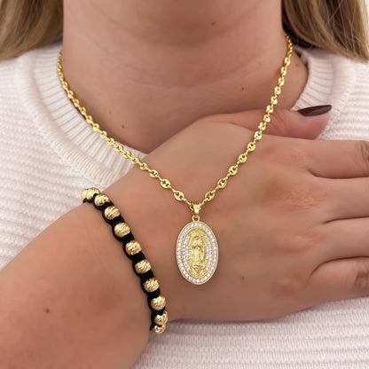 Cadena Tejido Gucci de Dama de 45cm de 3mm + Virgen de Guadalupe Tallada  Micro Circones + Pulsera Balin Italiano de 6mm en Oro Laminado 18k con Garantia de por vida