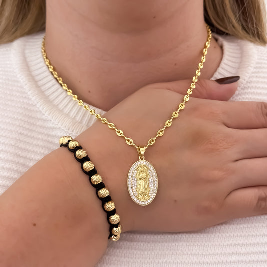 Cadena Tejido Gucci de Dama de 45cm de 3mm + Virgen de Guadalupe Tallada  Micro Circones + Pulsera Balin Italiano de 6mm en Oro Laminado 18k con Garantia de por vida