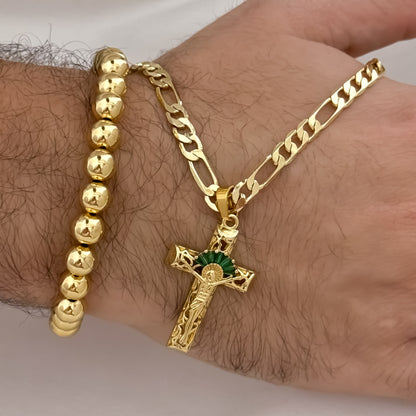 Cadena Tejido Caatier de 60cm de 4mm de Grosor + Cruz Cristo Madero con Micro circones verde Esmeralda + Pulser Balin 8mm en Oro Laminado 18k con Garantia de por vida