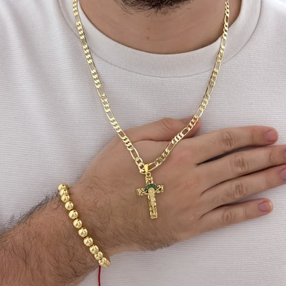 Cadena Tejido Caatier de 60cm de 4mm de Grosor + Cruz Cristo Madero con Micro circones verde Esmeralda + Pulser Balin 8mm en Oro Laminado 18k con Garantia de por vida