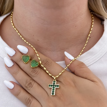 Cadena Tejido Militar Frijol de 45cm + Cruz Verde Esmeralda + Topos Corazones Verde Esmeralda en Oro Laminado 18k con Garantía de por vida