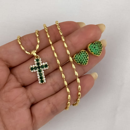 Cadena Tejido Militar Frijol de 45cm + Cruz Verde Esmeralda + Topos Corazones Verde Esmeralda en Oro Laminado 18k con Garantía de por vida
