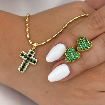 Cadena Tejido Militar Frijol de 45cm + Cruz Verde Esmeralda + Topos Corazones Verde Esmeralda en Oro Laminado 18k con Garantía de por vida