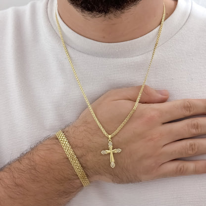 Cadena Tejido Chino de Hombre de 60cm de 3mm de Grosor + Cruz Trebol con micro circones + Pulsera Tejido Chino Gruesa de  20cm de 6mmm de Grosor en Oro Laminado 18k con Garantia de por vida