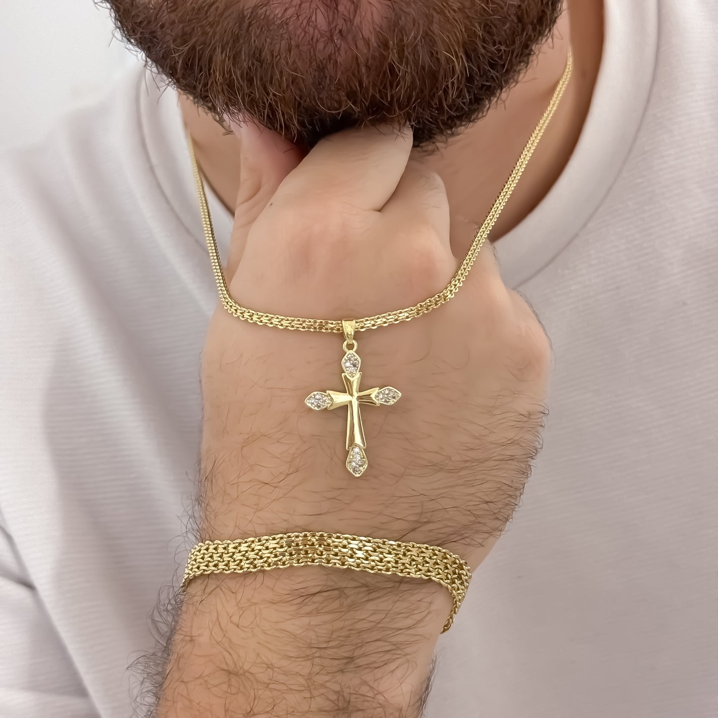 Cadena Tejido Chino de Hombre de 60cm de 3mm de Grosor + Cruz Trebol con micro circones + Pulsera Tejido Chino Gruesa de  20cm de 6mmm de Grosor en Oro Laminado 18k con Garantia de por vida