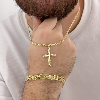 Cadena Tejido Chino de Hombre de 60cm de 3mm de Grosor + Cruz Trebol con micro circones + Pulsera Tejido Chino Gruesa de  20cm de 6mmm de Grosor en Oro Laminado 18k con Garantia de por vida