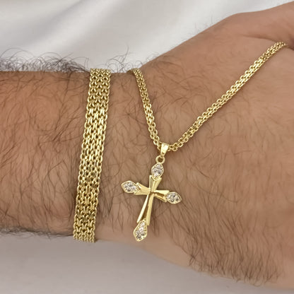 Cadena Tejido Chino de Hombre de 60cm de 3mm de Grosor + Cruz Trebol con micro circones + Pulsera Tejido Chino Gruesa de  20cm de 6mmm de Grosor en Oro Laminado 18k con Garantia de por vida