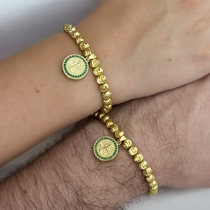 Promocion de 2 Pulseras para Parejas en Balin Italiano de 6mm con  San Benito Protección en Oro Laminado 18k con Garantia de por vida