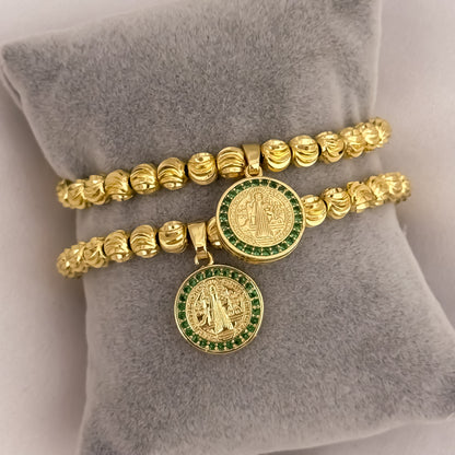Promocion de 2 Pulseras para Parejas en Balin Italiano de 6mm con  San Benito Protección en Oro Laminado 18k con Garantia de por vida