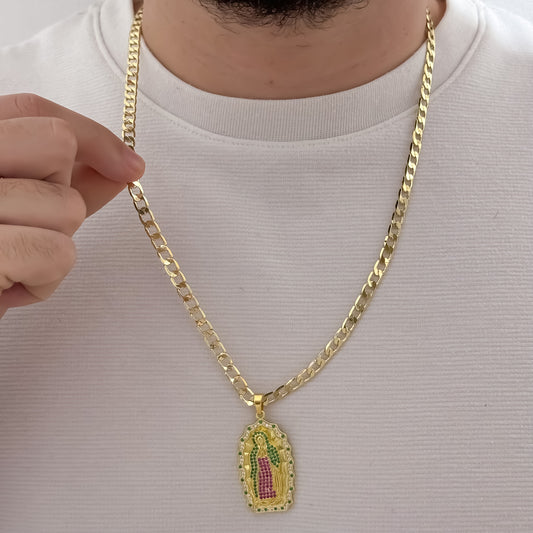Cadena Tejido Cubana de Hombre  Gruesa de 60cm de 5mm de Grosor + Virgen de Gadalupe  Talla de Micro Circones de Colores en Oro Laminado 18k con Garantia de por vida