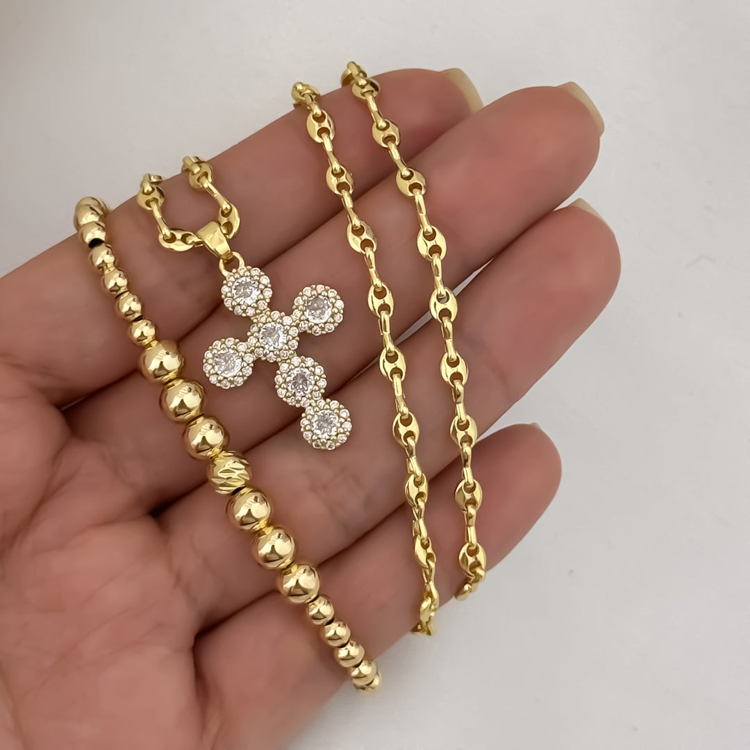 Cadena Tejido  Gucci de Dama de 45cm de 3mm de Grosor + Cruz Blanca con Micro Circones  Cristales + Pulsera Full balines de 4mm en Oro Laminado 18k con Garantia de por vida