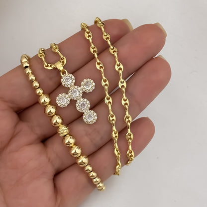 Cadena Tejido  Gucci de Dama de 45cm de 3mm de Grosor + Cruz Blanca con Micro Circones  Cristales + Pulsera Full balines de 4mm en Oro Laminado 18k con Garantia de por vida
