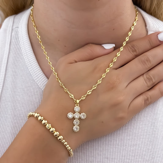 Cadena Tejido  Gucci de Dama de 45cm de 3mm de Grosor + Cruz Blanca con Micro Circones  Cristales + Pulsera Full balines de 4mm en Oro Laminado 18k con Garantia de por vida