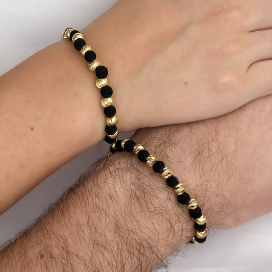 2 Pulseras Para Parejas en Balin Italiano 6mm Y Neopreno Liso Negro en Oro Laminado 18k con Garantia de por vida