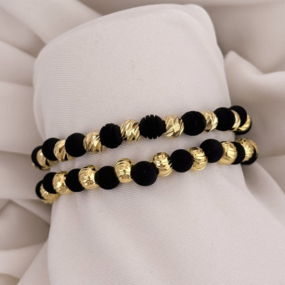 2 Pulseras Para Parejas en Balin Italiano 6mm Y Neopreno Liso Negro en Oro Laminado 18k con Garantia de por vida