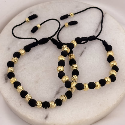 2 Pulseras Para Parejas en Balin Italiano 6mm Y Neopreno Liso Negro en Oro Laminado 18k con Garantia de por vida