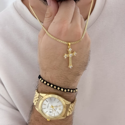 Conjunto de Cadena Tejido chino Hombre de 60cm de 3mm + Cruz Trebol con Micro Circones + Pulsera Tejida balin Italiano de 4mm + Reloj Rolex 1.1 en Oro Laminado 18k con Garantía de por vidaa