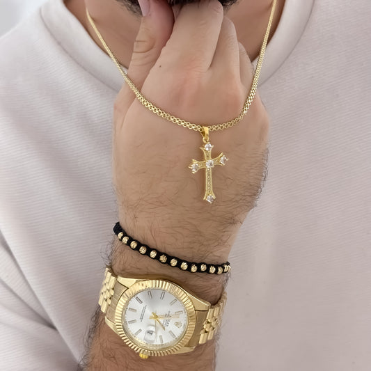 Conjunto de Cadena Tejido chino Hombre de 60cm de 3mm + Cruz Trebol con Micro Circones + Pulsera Tejida balin Italiano de 4mm + Reloj Rolex 1.1 en Oro Laminado 18k con Garantía de por vidaa